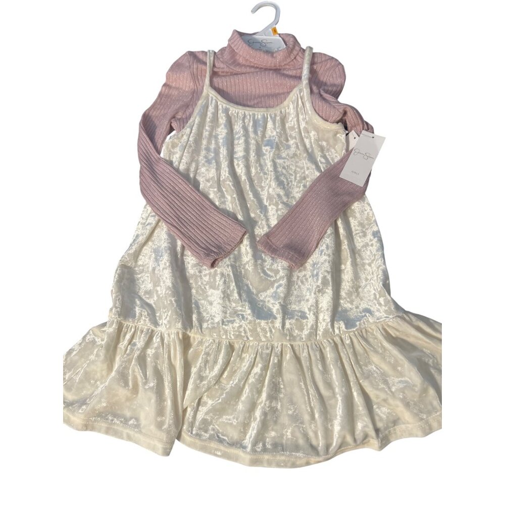 Jessica Simpson Girls Velvet 2 Piece Dress Cream Pink Glitter Turtleneck 6X NWT